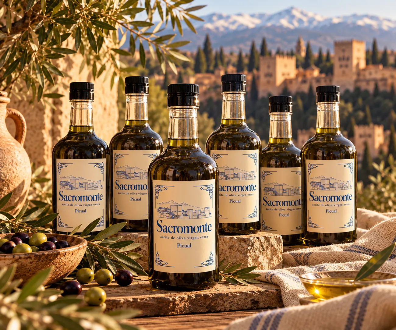 Pack de botellas de aceite Sacromonte con aceitunas