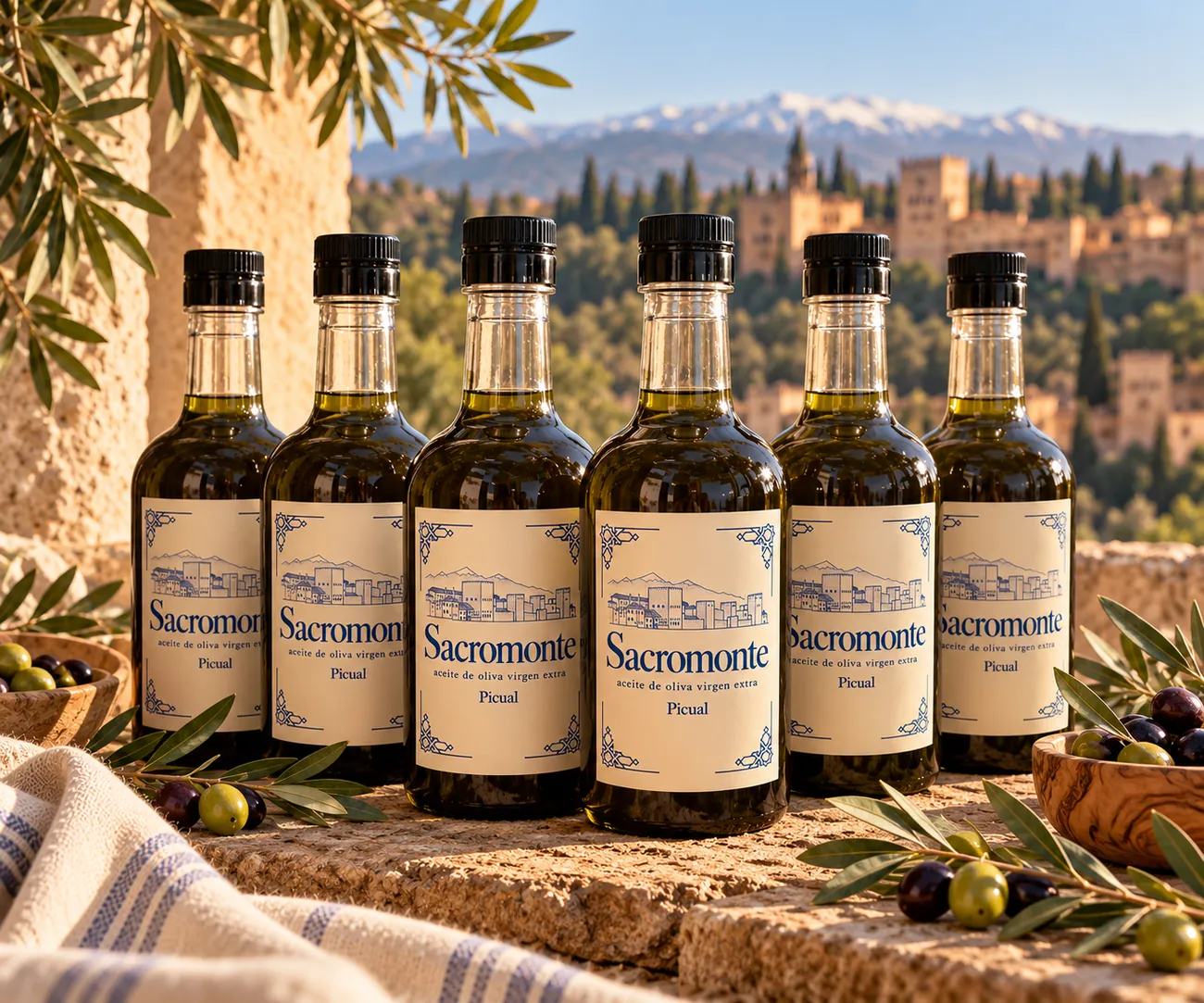 Seis botellas de AOVE Picual Sacromonte alineadas frente a la Alhambra y Sierra Nevada